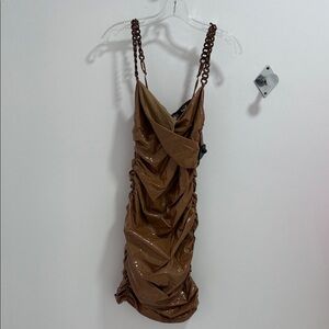 Elegant Brown Ruched Faux Leather Midi Dress